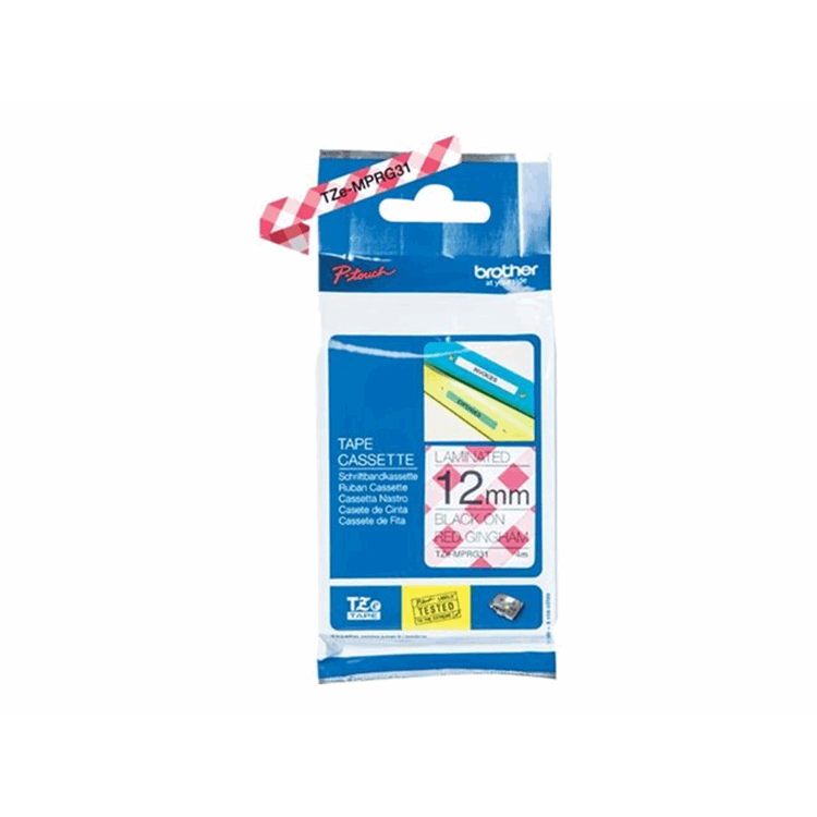 PTOUCH BLACK ON RED GINGHAM TAPE 12MM